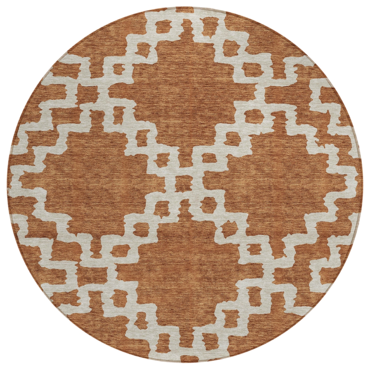 593782 8 ft. Brown & Ivory Round Geometric Washable Indoor & Outdoor Area Rug