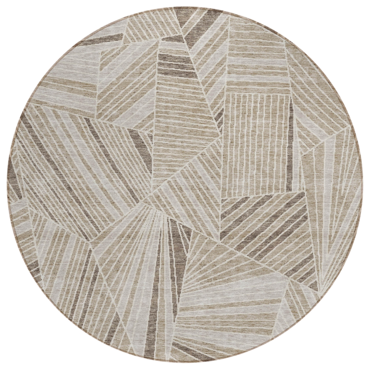594751 8 ft. Beige, Brown & Ivory Round Geometric Washable Indoor & Outdoor Area Rug