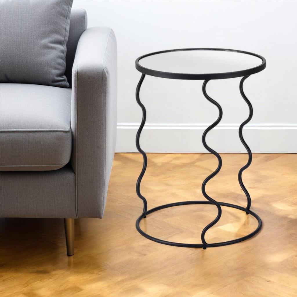 556527 24 in. Black Mirrored Glass & Steel Round Abstract End Table