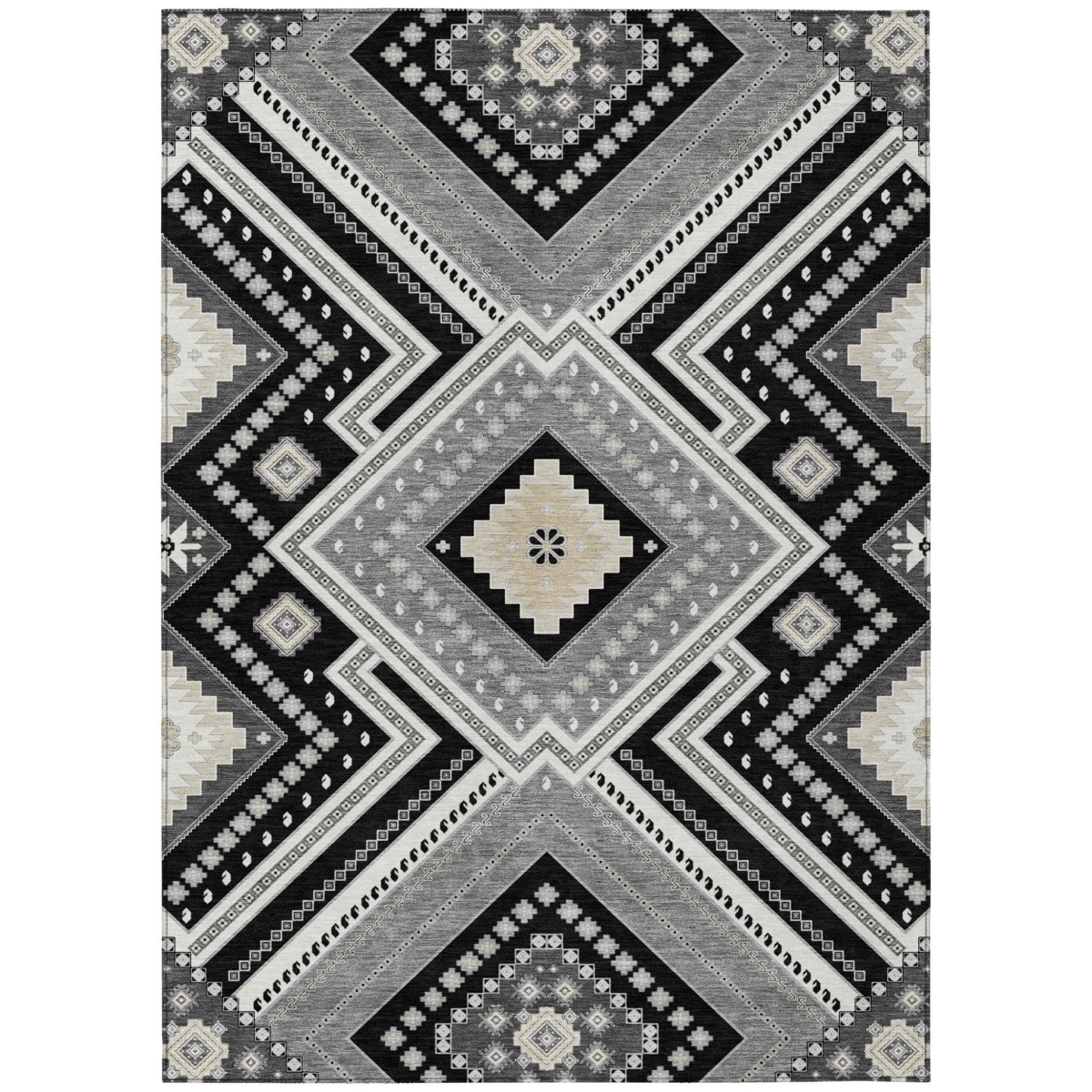598097 8 x 10 ft. Black, Gray & Ivory Tribal Washable Indoor & Outdoor Rectangle Area Rug