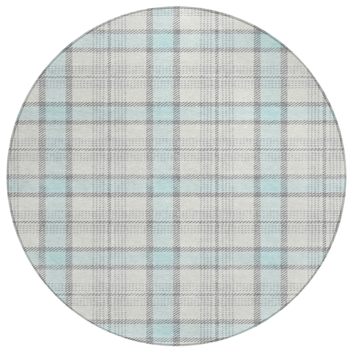 601364 8 ft. Sky Blue & Gray Round Plaid Washable Indoor & Outdoor Area Rug