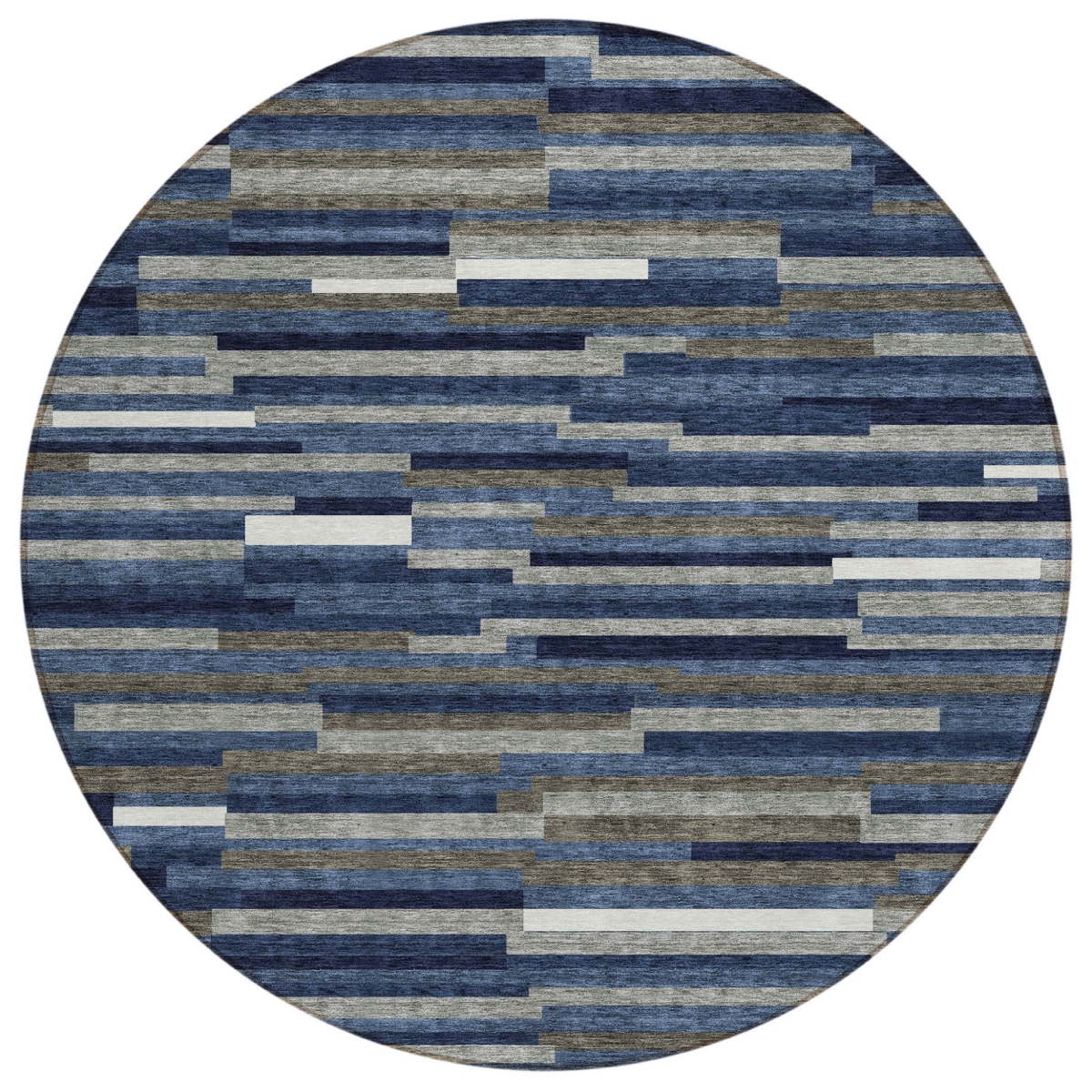 593122 8 ft. Navy Blue, Gray & Ivory Round Striped Washable Indoor & Outdoor Area Rug