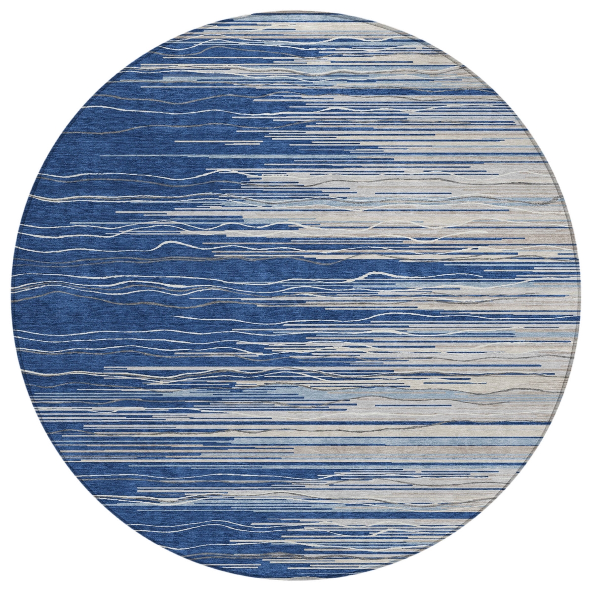 597267 8 ft. Navy Blue, Gray & Ivory Round Striped Washable Indoor & Outdoor Area Rug