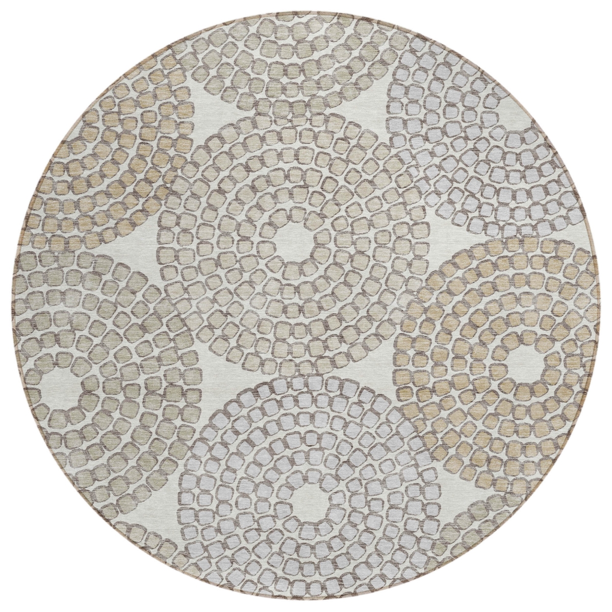 591953 8 ft. Ivory, Brown & Gray Round Geometric Washable Indoor & Outdoor Area Rug