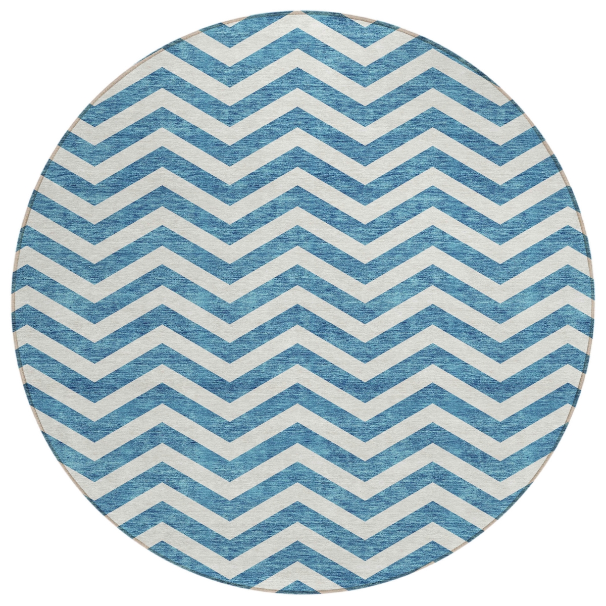 595357 8 ft. Teal Blue & Ivory Round Chevron Washable Indoor & Outdoor Area Rug