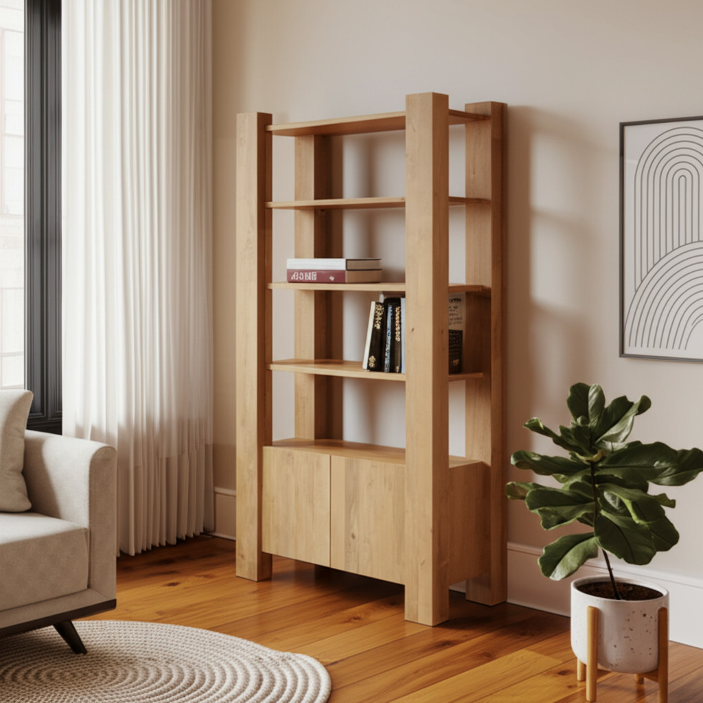 Picture of HomeRoots 611041 42 in. Natural Solid Wood Four Tier Bookcase with Two Doors
