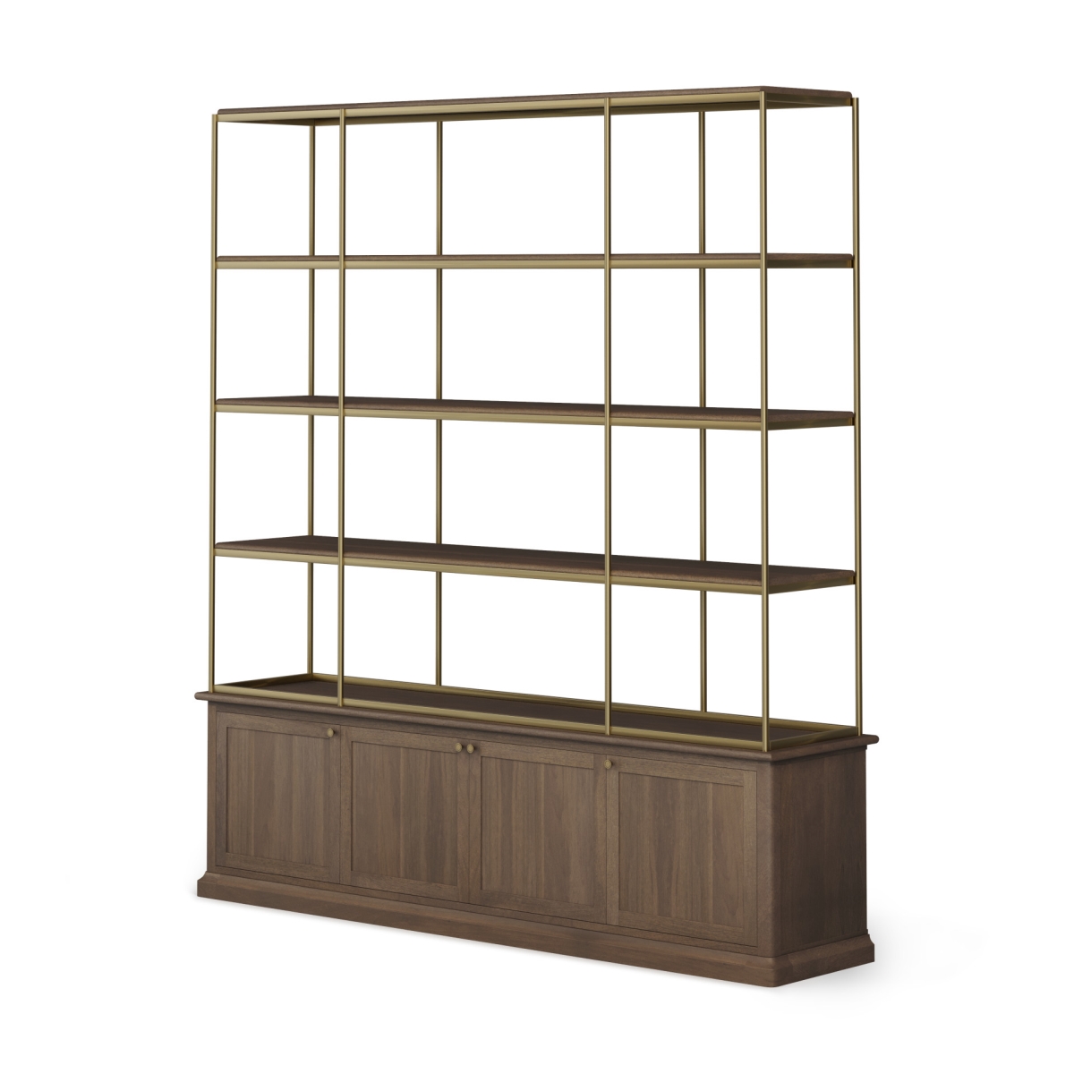 Picture of HomeRoots 611044 82 in. Antiqued Brass & Brown Distressed Metal & Solid Wood Four Tier Bookcase with Four Doors