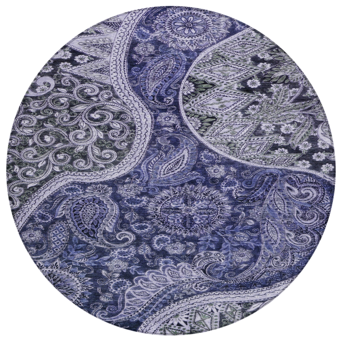 603181 8 ft. Navy Blue, Gray & Green Round Floral Medallion Washable Indoor & Outdoor Area Rug