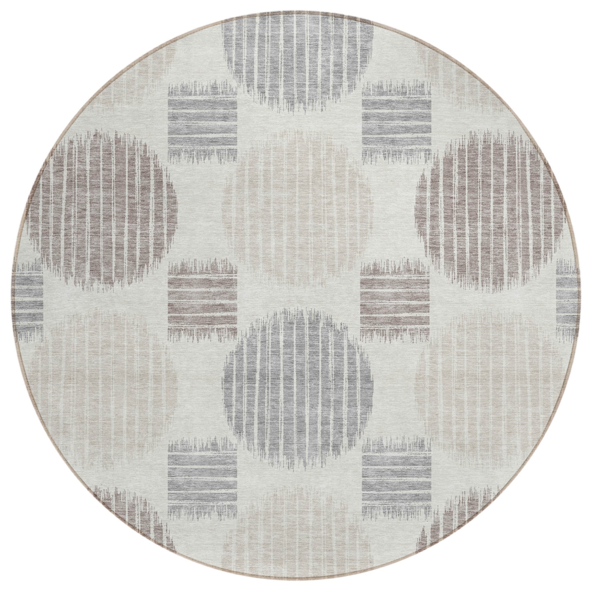 593602 8 ft. Ivory, Brown & Gray Round Geometric Washable Indoor & Outdoor Area Rug