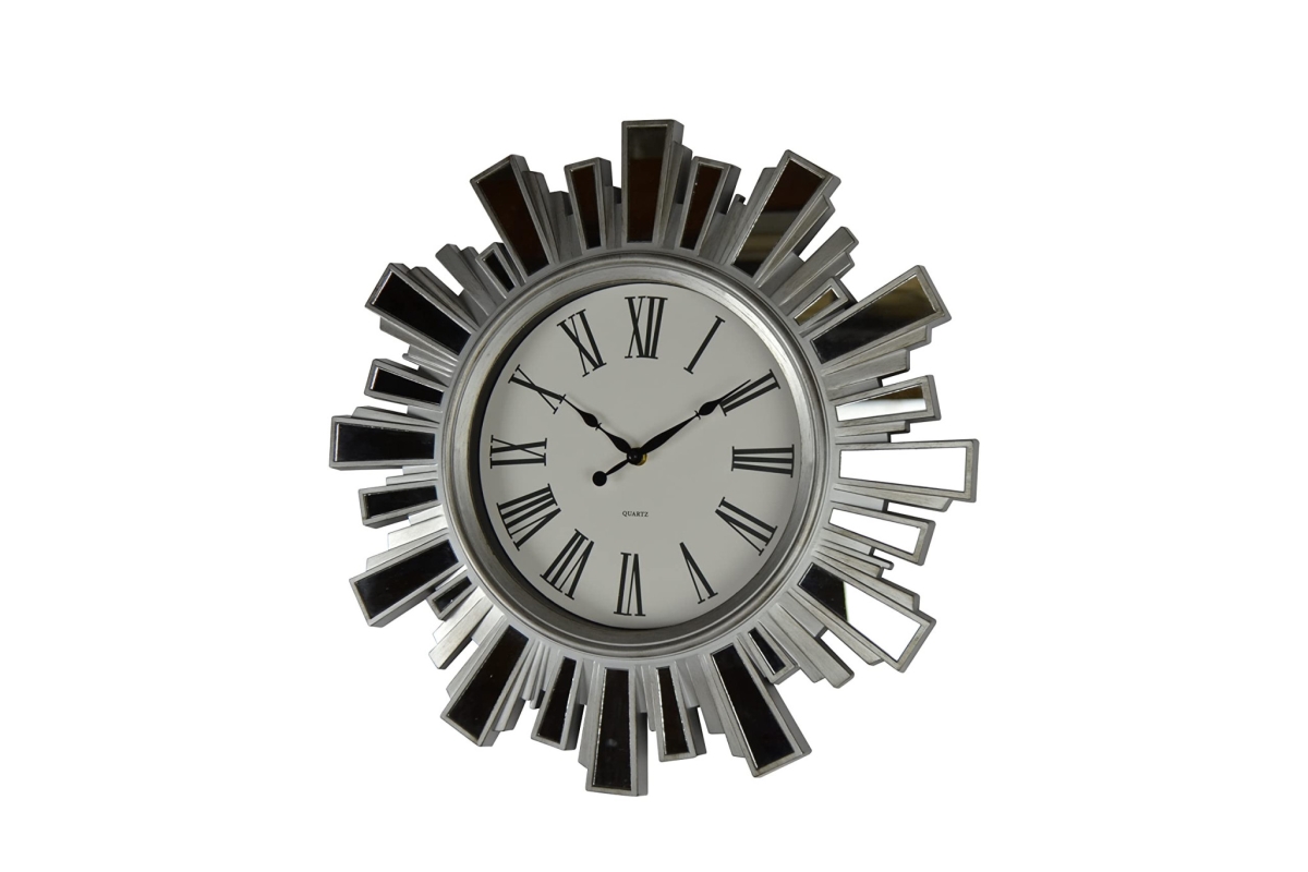 626353 19 in. Silver & Clear Mirrored Glass & Heavy Duty Plastic Silent Analog Sunburst Wall Clock