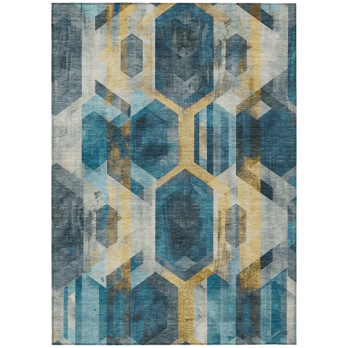 618762 10 x 14 ft. Teal Blue, Gold & Silver Geometric Washable Indoor & Outdoor Rectangle Area Rug