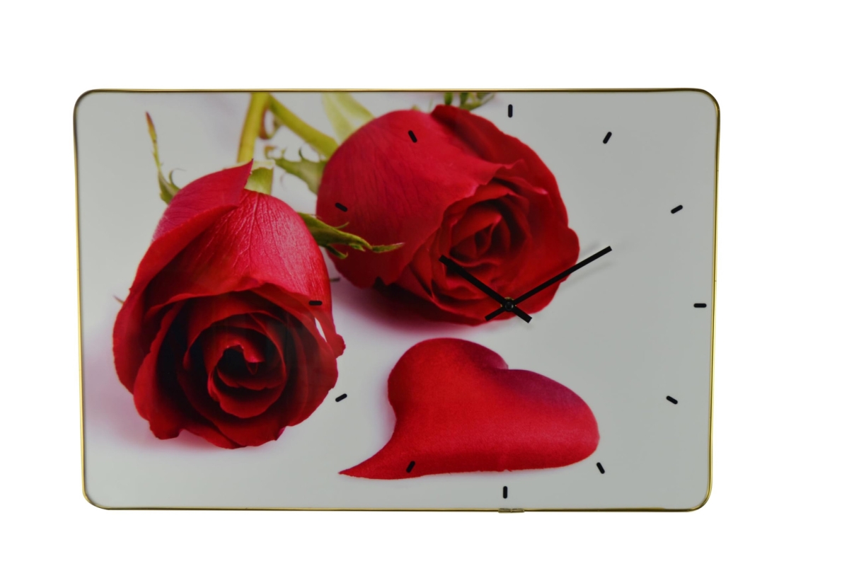 626570 24 in. Red, White & Gold Solid Wood & Acrylic Silent Roses Floral Wall Clock