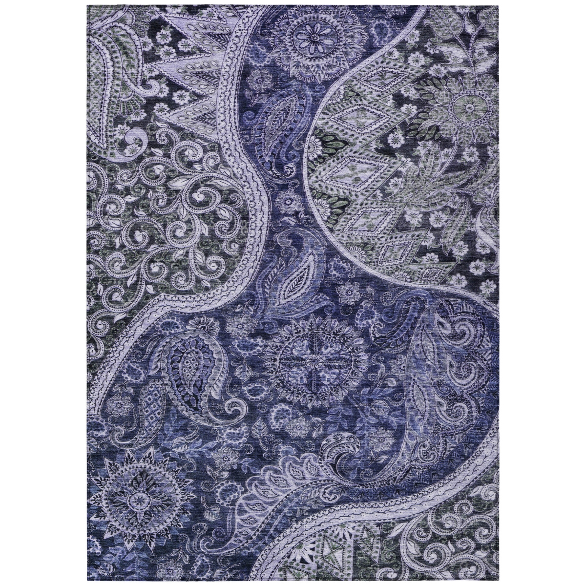 603184 10 x 14 ft. Navy Blue, Gray & Green Floral Medallion Washable Indoor & Outdoor Rectangle Area Rug