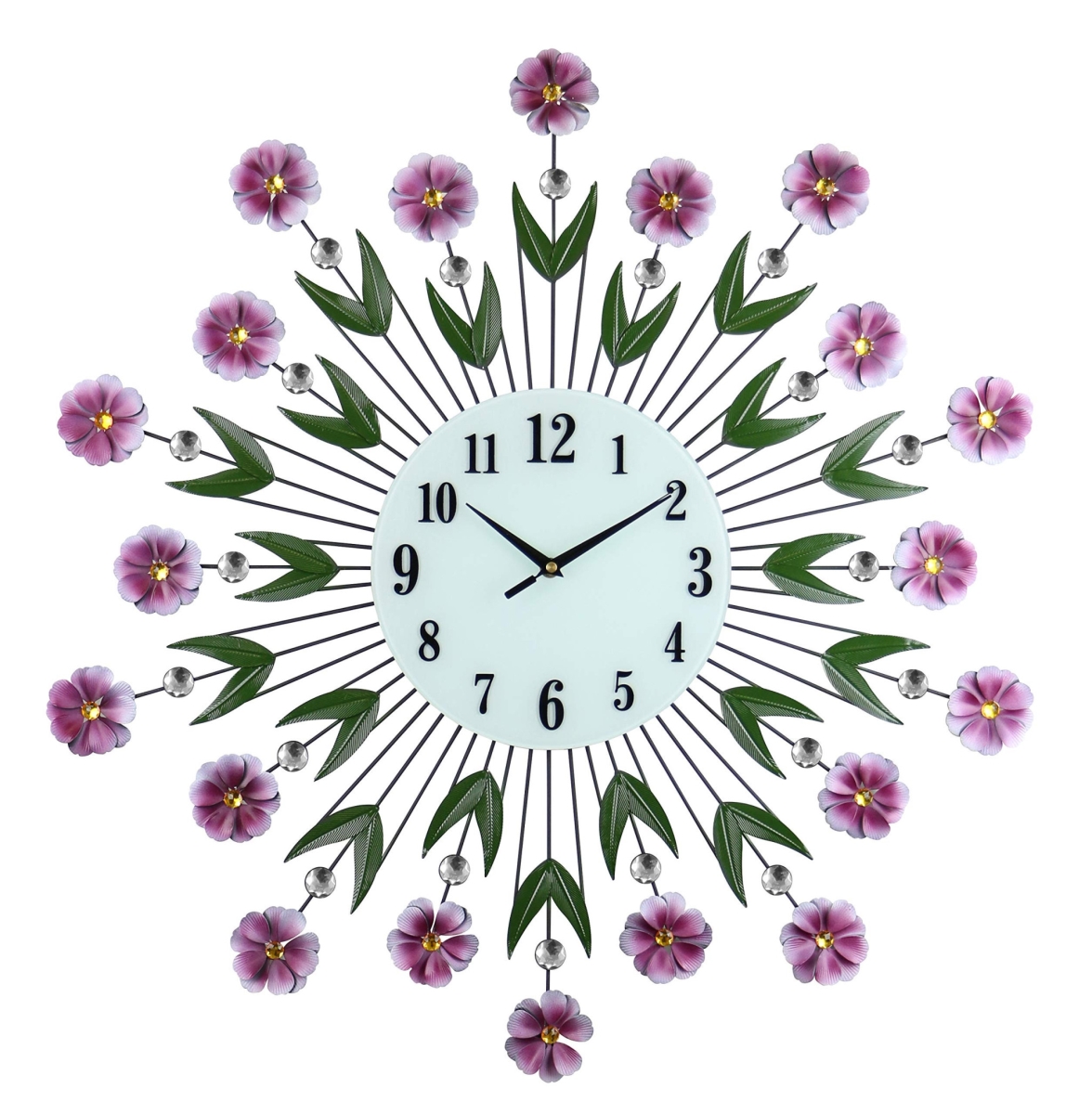 626534 27 in. Purple, Green & White Metal & Glass Silent Analog Floral Round Wall Clock