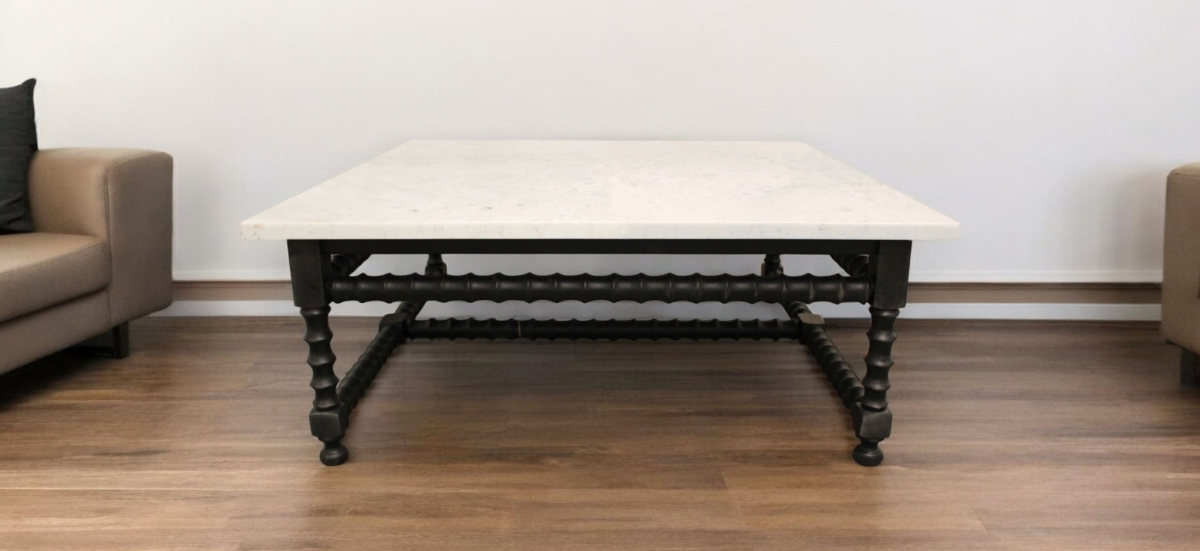 569553 48 in. White & Black Genuine Marble & Solid Wood Square Coffee Table