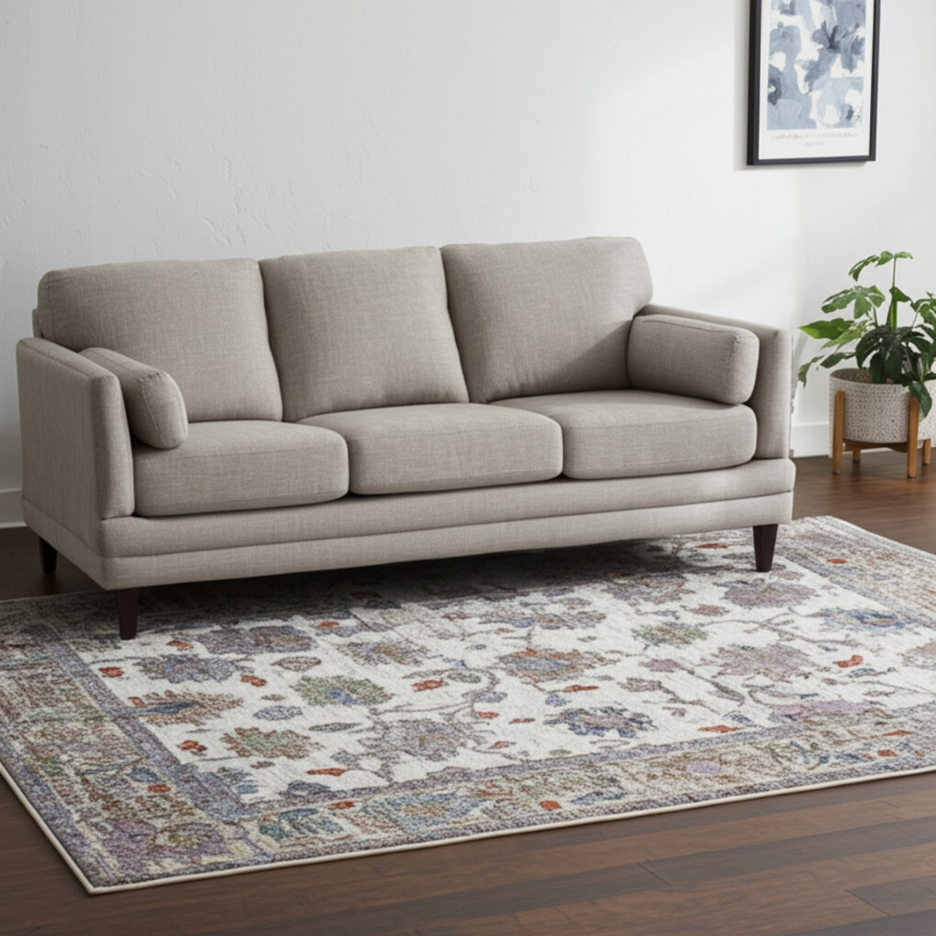 617322 5 x 8 ft. Ivory, Brown & Blue Floral Distressed Rectangle Area Rug
