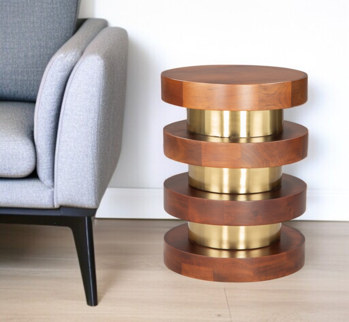 556515 20 in. Brown & Gold Solid Wood & Iron Round Pedestal End Table