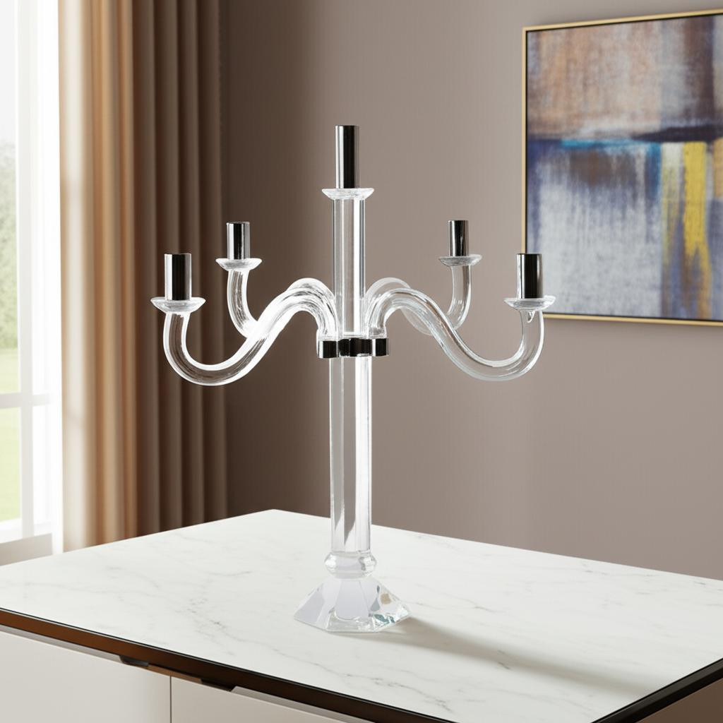 Picture of HomeRoots 590248 20 in. Clear & Silver Crystal Tabletop Candelabra Candle Holder