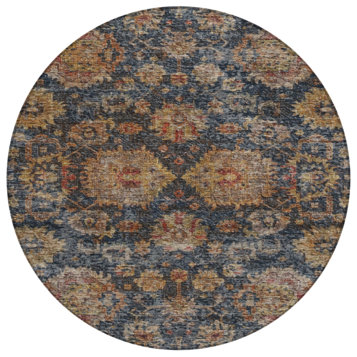 Round Damask Area Rug - Navy Blue Brown & Terra Cotta - 8 ft - Stain Resistant