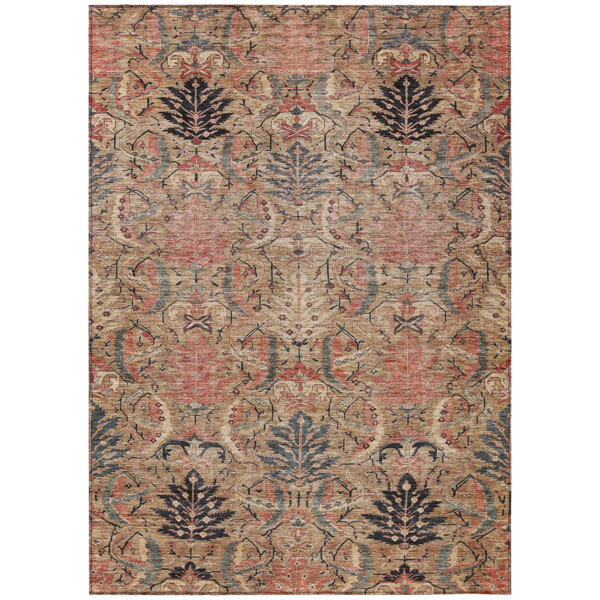 603318 5 x 8 ft. Khaki, Terra Cotta & Black Damask Washable Indoor & Outdoor Rectangle Area Rug