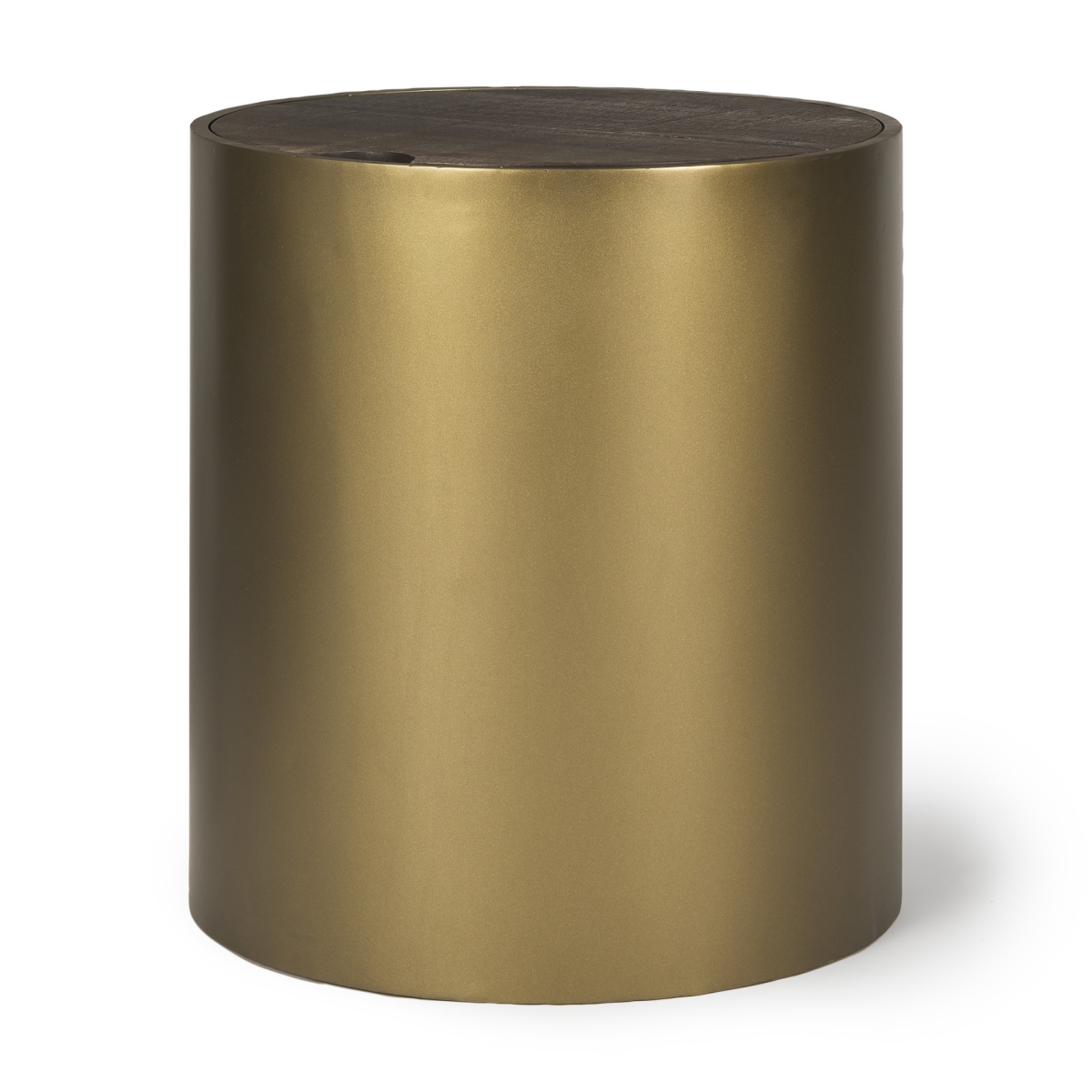 604536 22 in. Antiqued Gold & Brown Metal & Solid Wood Drum End Table with Storage