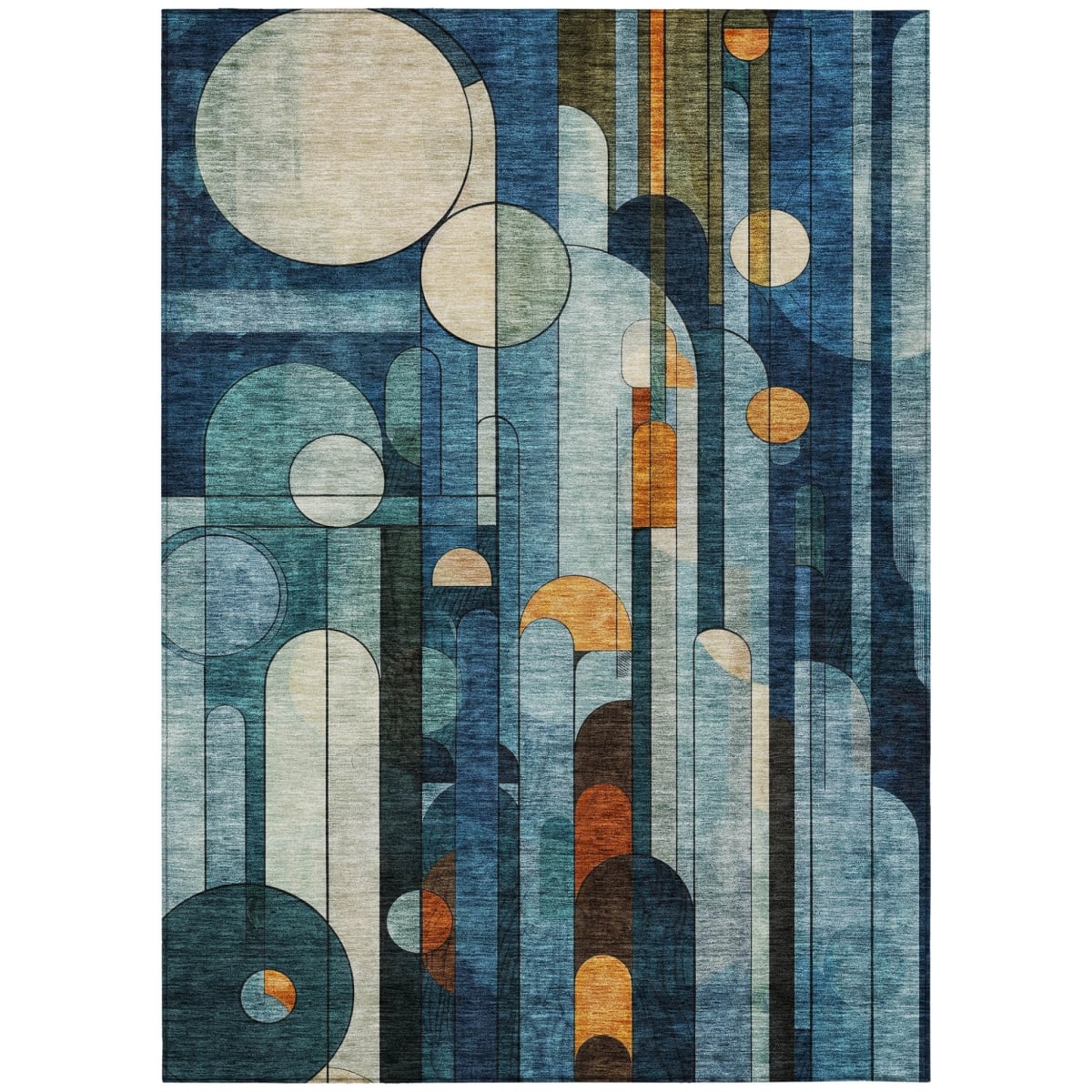 604501 5 x 8 ft. Blue, Ivory & Copper Geometric Washable Indoor & Outdoor Rectangle Area Rug
