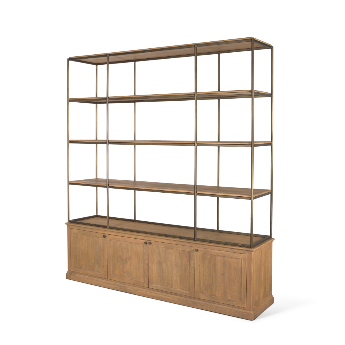 Picture of HomeRoots 611046 82 in. Antiqued Brass & Light Brown Distressed Metal & Solid Wood Three Tier Bookcase with Four Doors