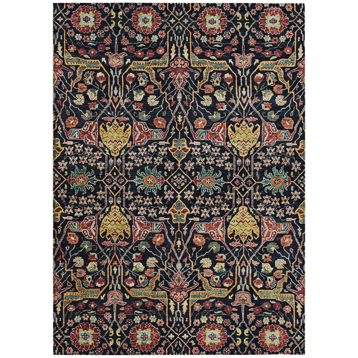 604639 9 x 12 ft. Black, Red & Gold Floral Washable Indoor & Outdoor Rectangle Area Rug