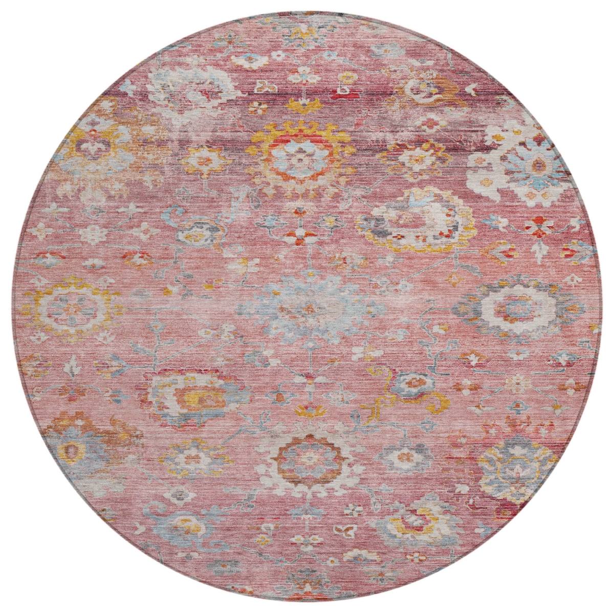 604086 8 ft. Pink, Gray & Gold Round Floral Washable Indoor & Outdoor Area Rug