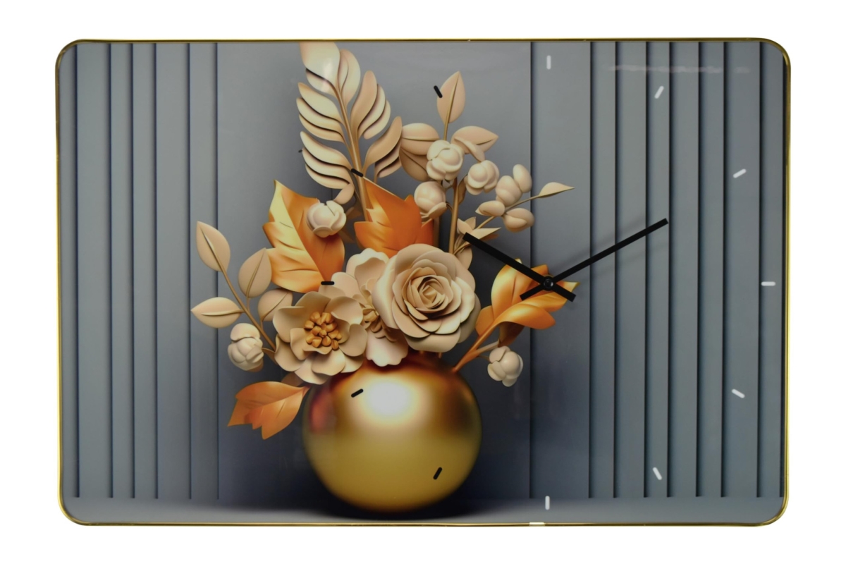 626575 24 in. Beige, Gold & Gray Solid Wood & Acrylic Silent Analog Floral Wall Clock