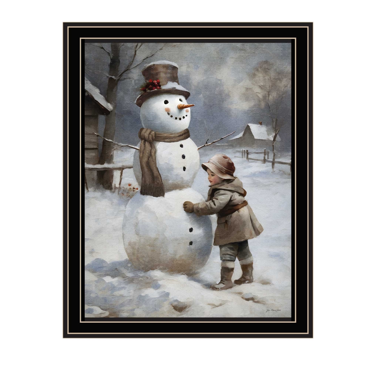 572084 Boy Building A Snowman Black Framed Wall Art
