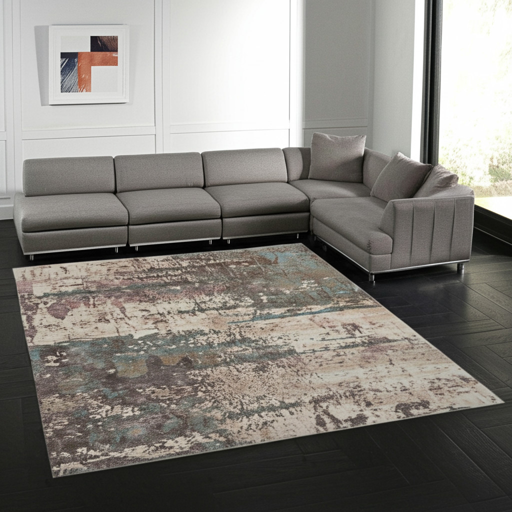617182 8 x 10 ft. Ivory, Blue & Purple Abstract Distressed Rectangle Area Rug