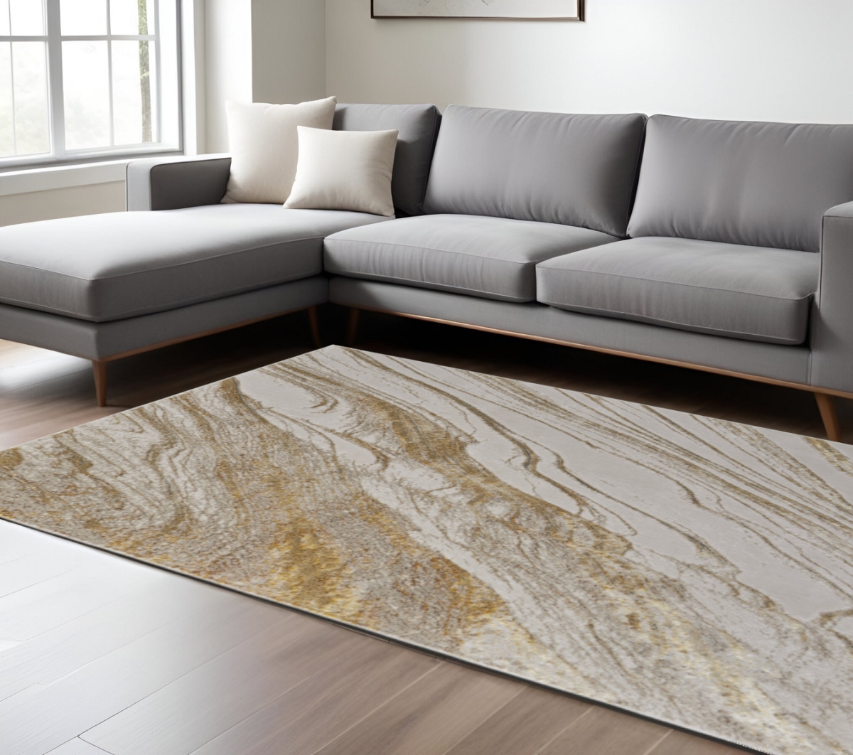 617238 9 x 12 ft. Abstract Rectangle Area Rug - Ivory Taupe & Gold
