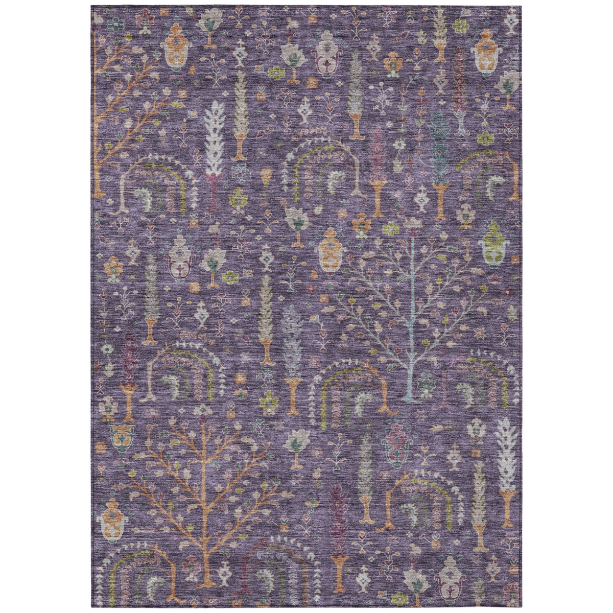Floral Washable Area Rug - Eggplant Terra Cotta & Green - 10 x 14 ft - Durable Polyester