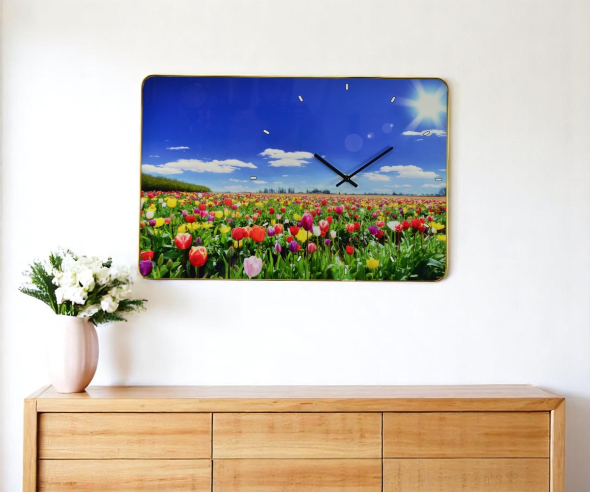 626578 24 in. Blue, Red & Gold Solid Wood & Acrylic Silent Tulips Floral Wall Clock