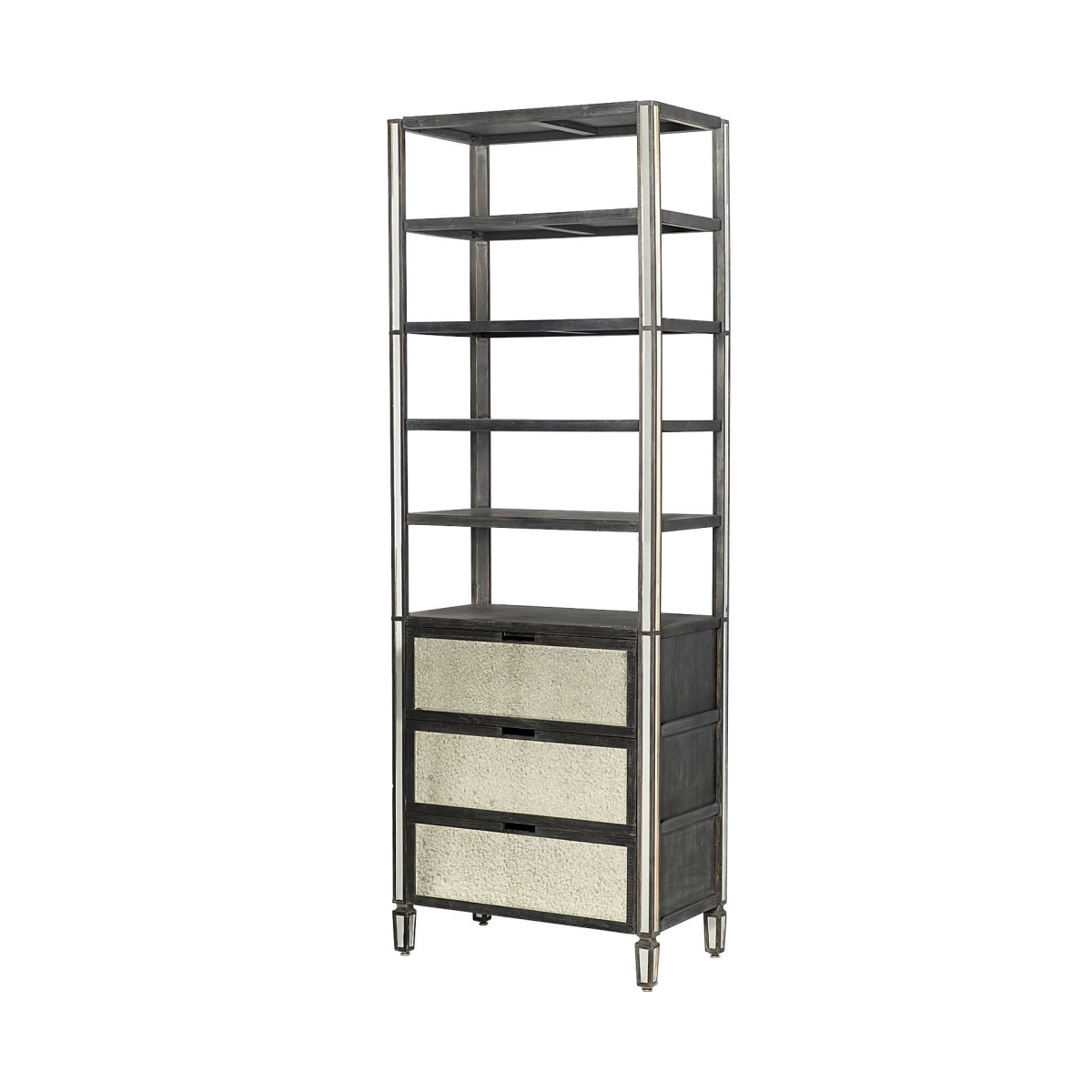 Picture of HomeRoots 611031 32 in. Dark Brown Solid Wood & Mirrored Glass Four Tier Bookcase with Three Drawers