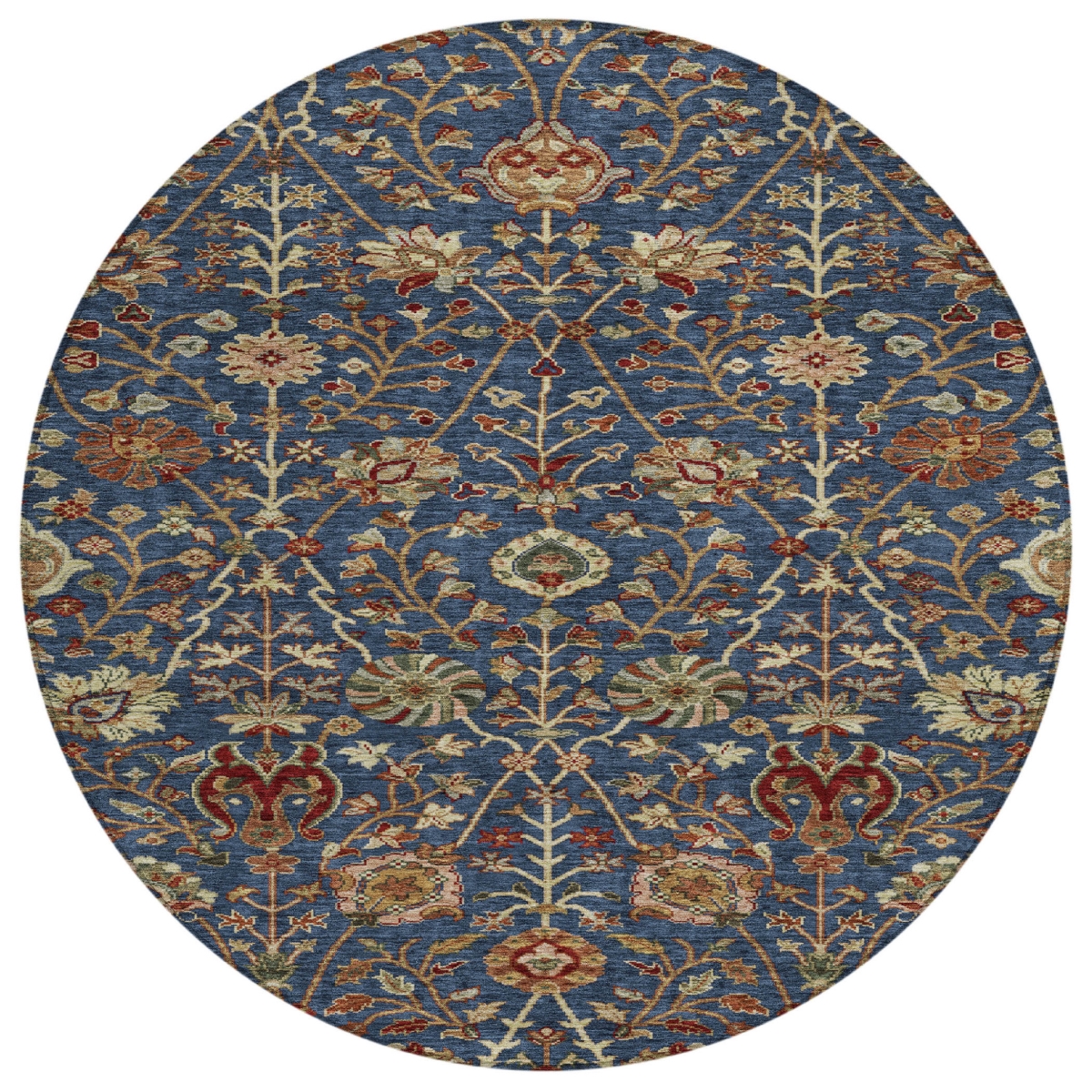 603427 8 ft. Navy Blue, Brown & Red Round Floral Washable Indoor & Outdoor Area Rug