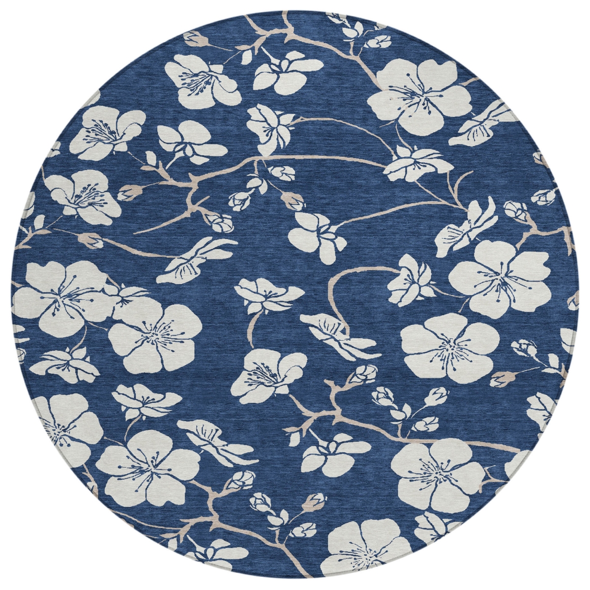 599900 8 ft. Navy Blue & Ivory Round Floral Washable Indoor & Outdoor Area Rug