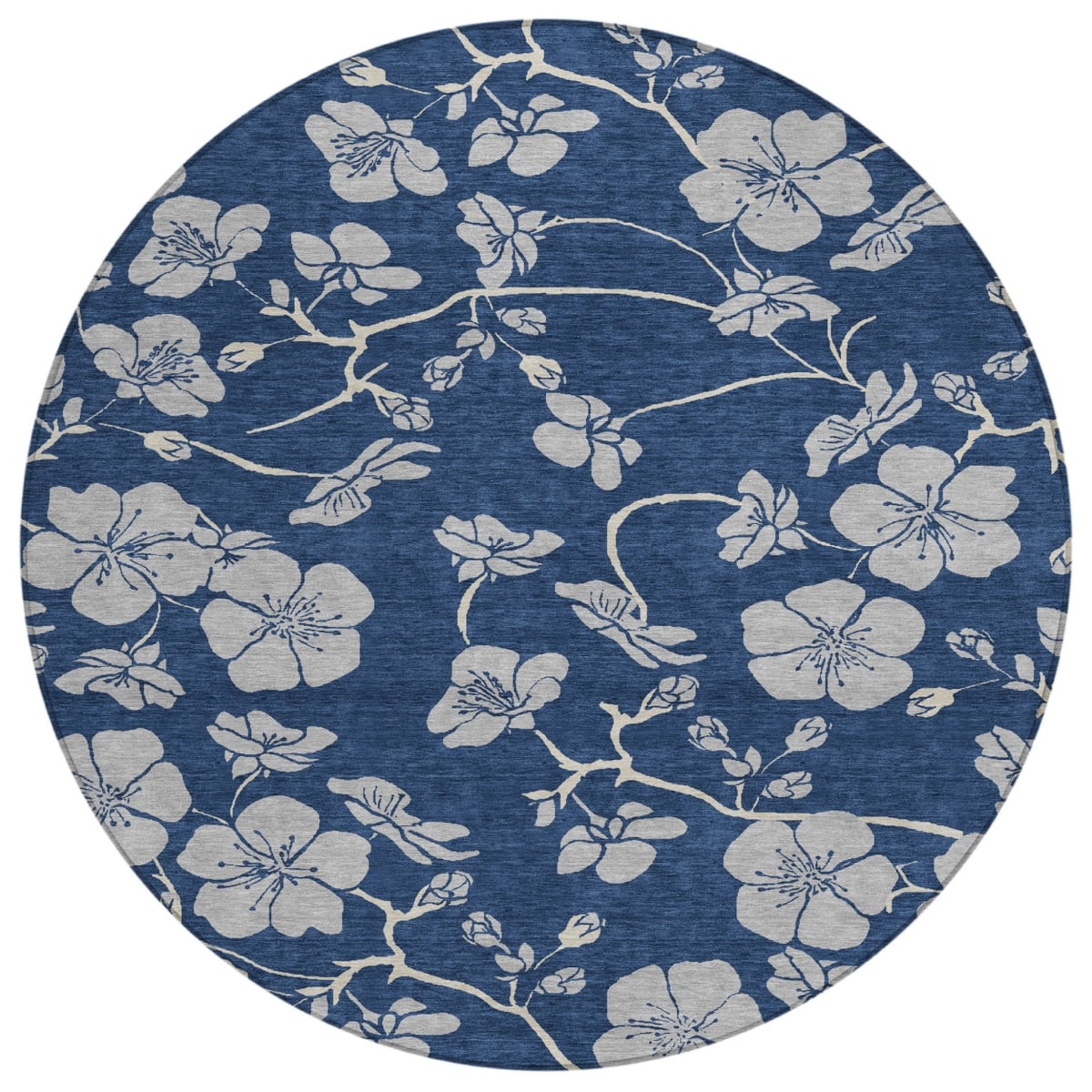 600026 8 ft. Navy Blue & Gray Round Floral Washable Indoor & Outdoor Area Rug