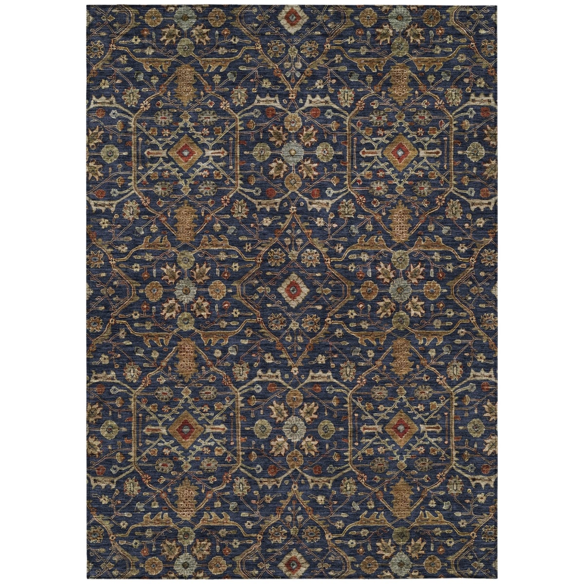 604605 9 x 12 ft. Navy Blue, Brown & Red Floral Washable Indoor & Outdoor Rectangle Area Rug