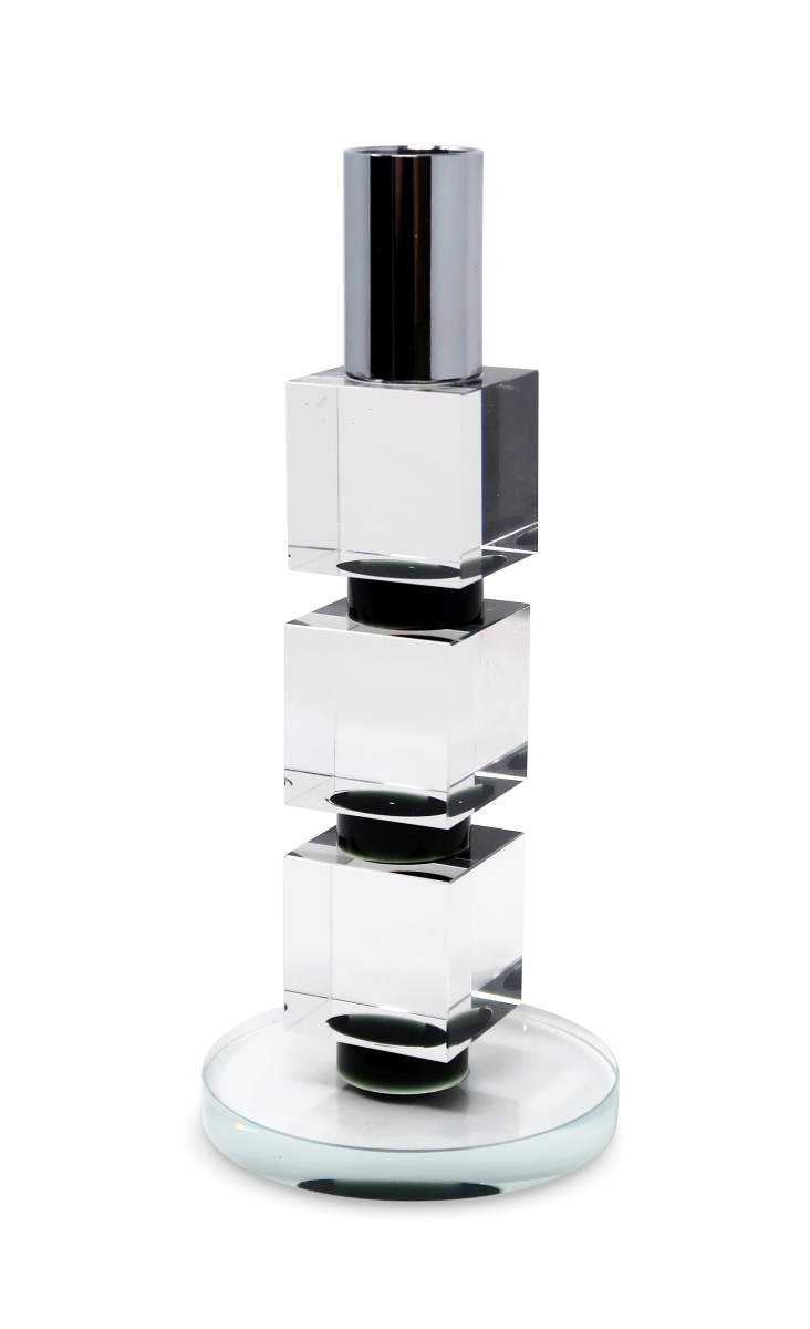 Picture of HomeRoots 590242 7 in. Silver&#44; Clear & Black Block & Cylinder Crystal Tabletop Taper Candlestick