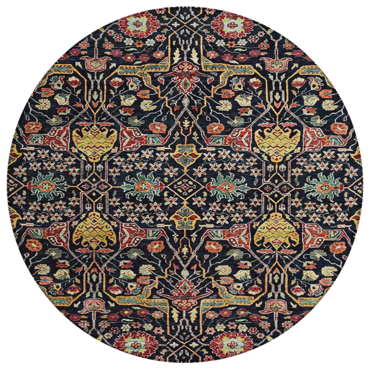 604637 8 ft. Black, Red & Gold Round Floral Washable Indoor & Outdoor Area Rug