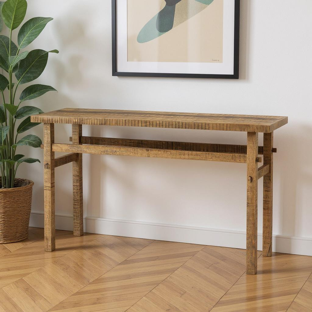 605611 54 in. Solid Wood Distressed Rectangular Console Table, Brown
