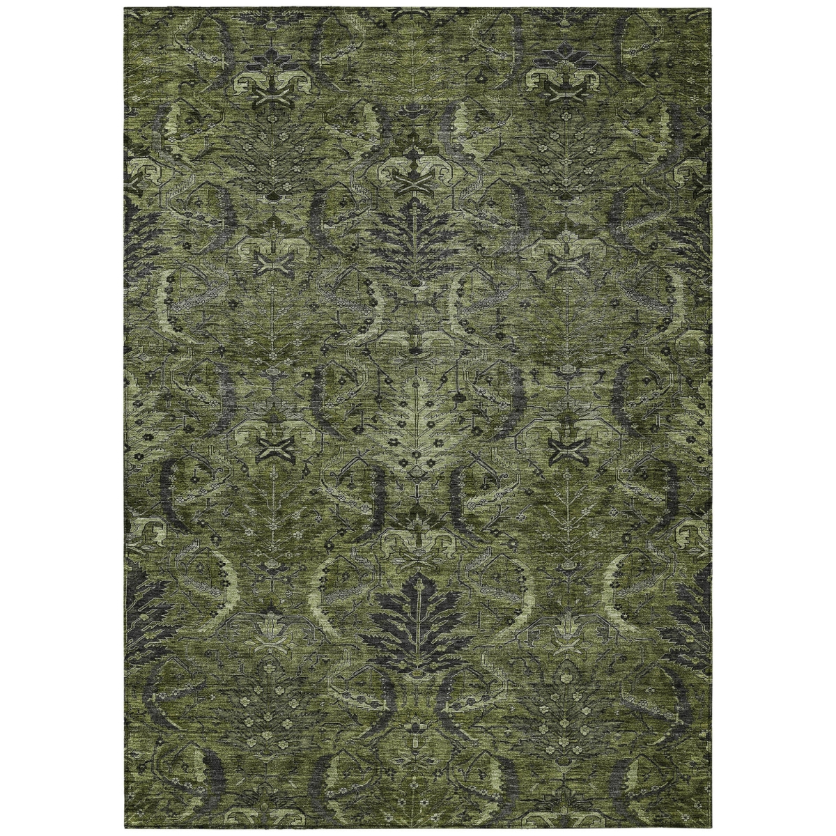 603329 3 x 5 ft. Olive Green & Charcoal Damask Washable Indoor & Outdoor Rectangle Area Rug