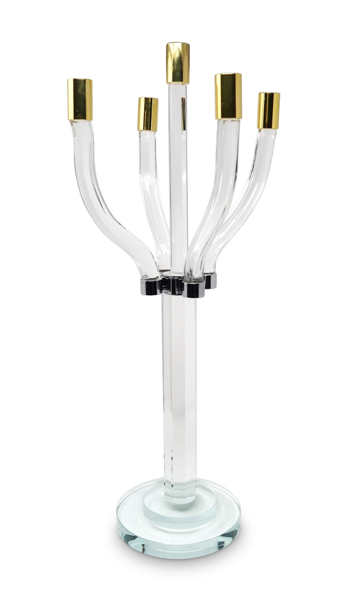 Picture of HomeRoots 590250 20 in. Clear&#44; Gold & Silver Crystal Tabletop Candelabra Candle Holder