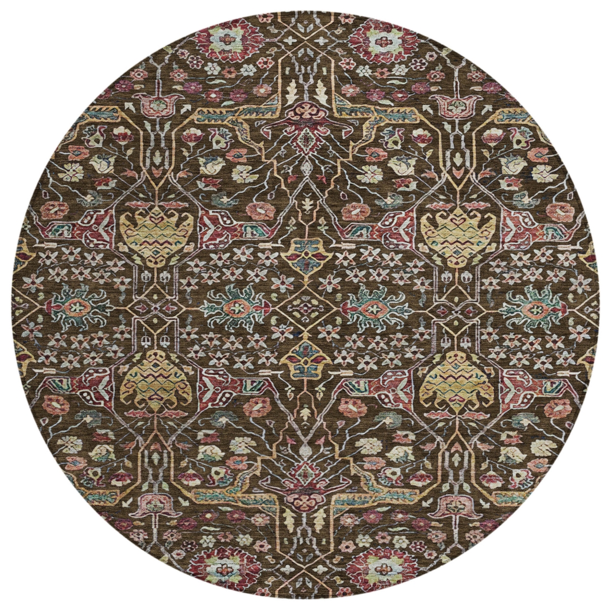 604643 8 ft. Chocolate, Red & Gold Round Floral Washable Indoor & Outdoor Area Rug