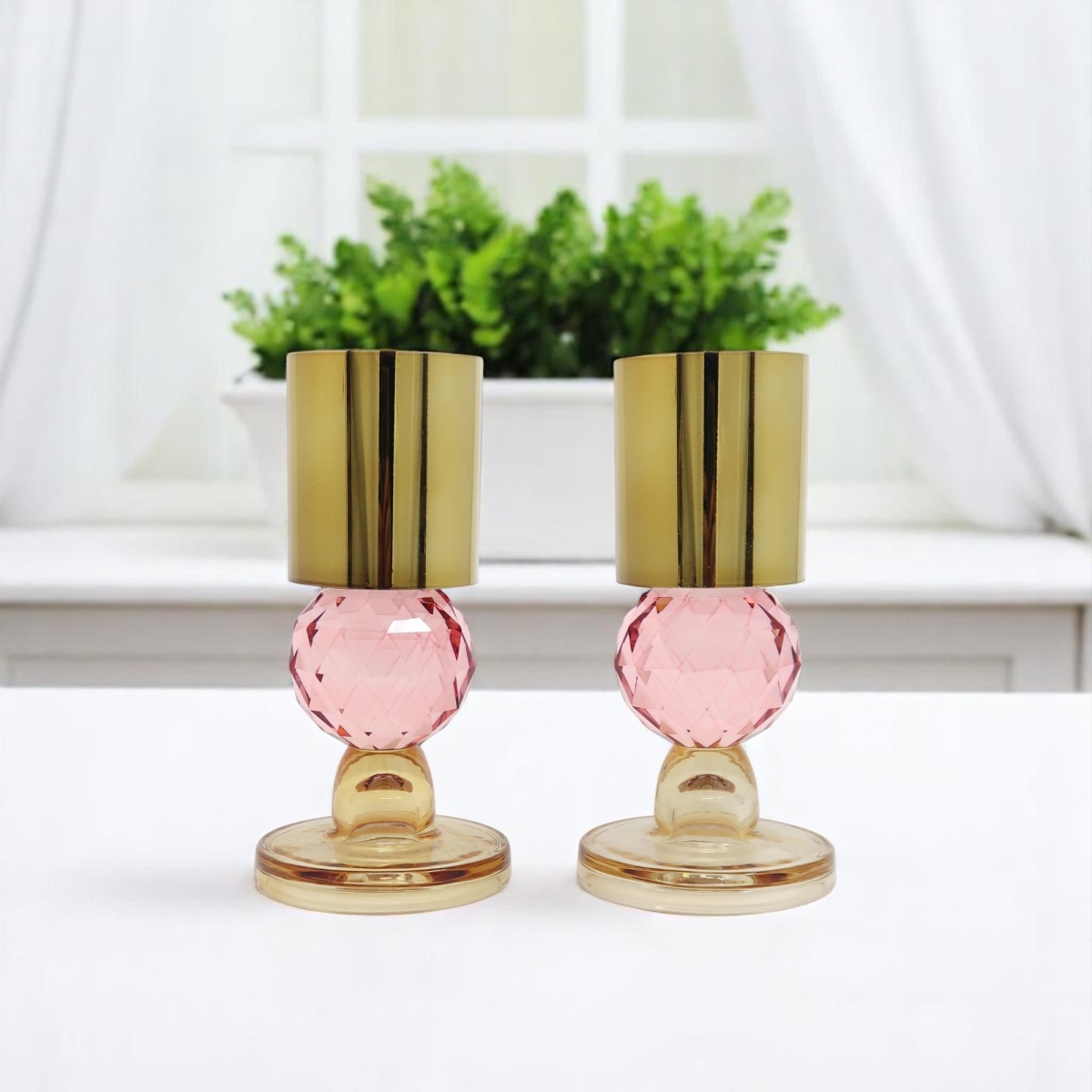 Picture of HomeRoots 590268 Amber Gold & Pink Faceted Crystal Tabletop Taper Candlesticks - Set of 2