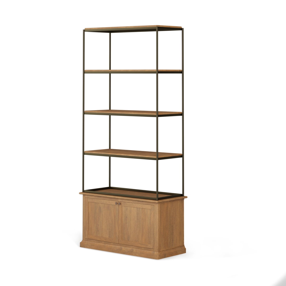 Picture of HomeRoots 611045 42 in. Antiqued Brass & Light Brown Distressed Metal & Solid Wood Four Tier Bookcase with Two Doors
