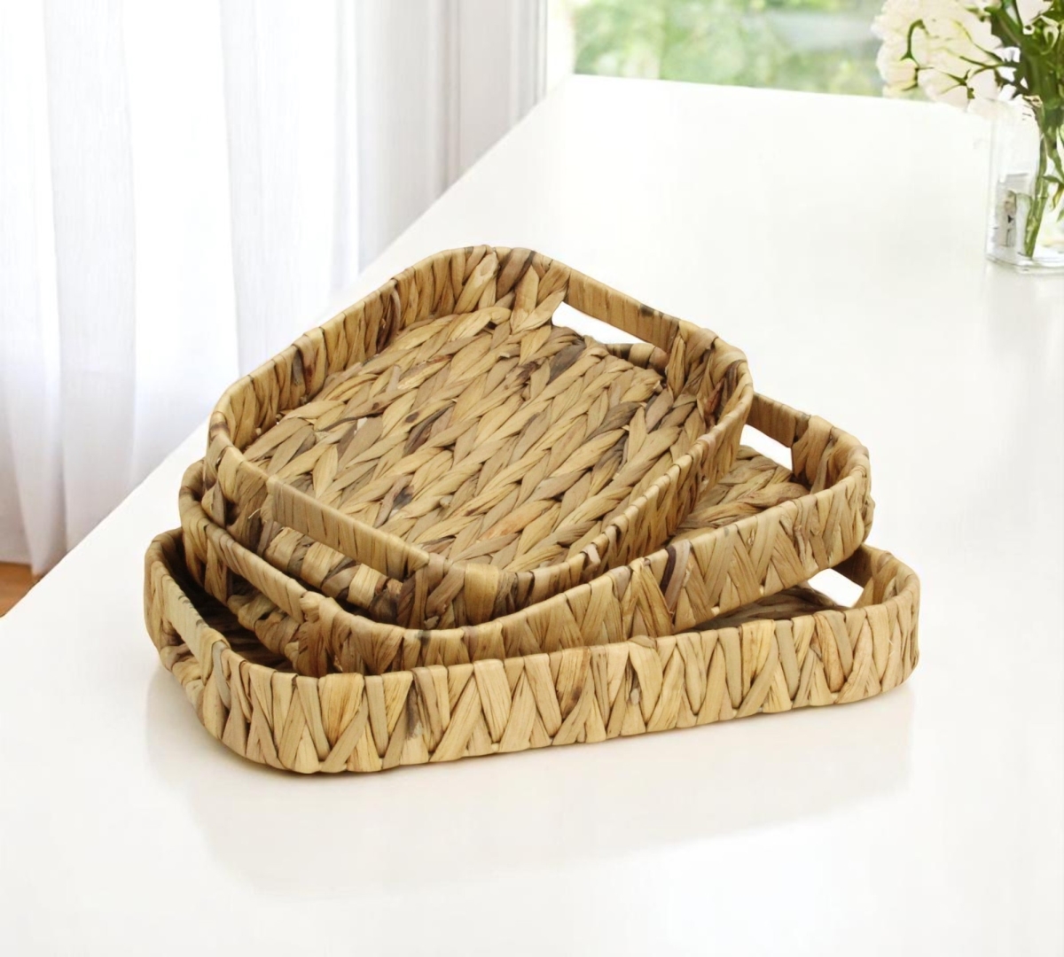571502 Natural Water Hyacinth Rectangular Basket Trays, Brown - Set of 3