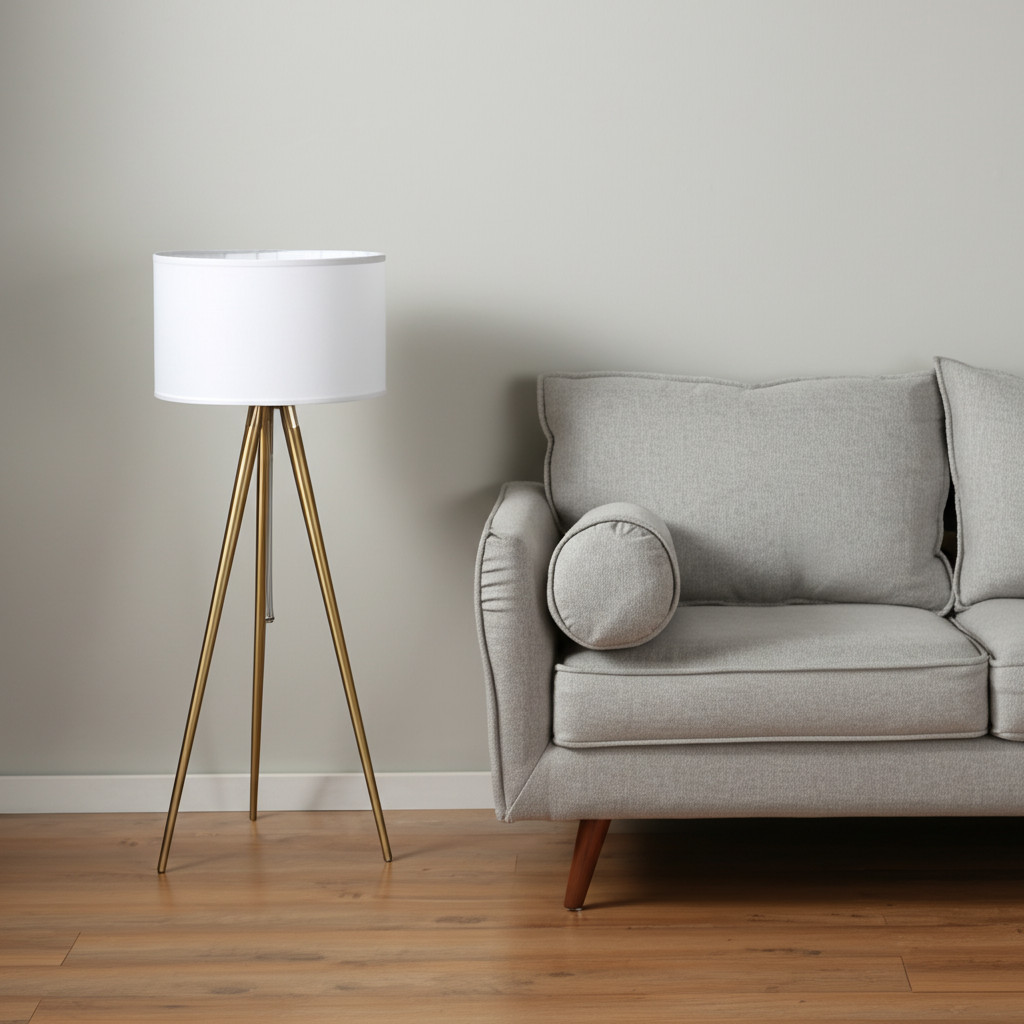 569567 Gold Metal Adjustable Tripod Floor Lamp with White Linen Drum Shade